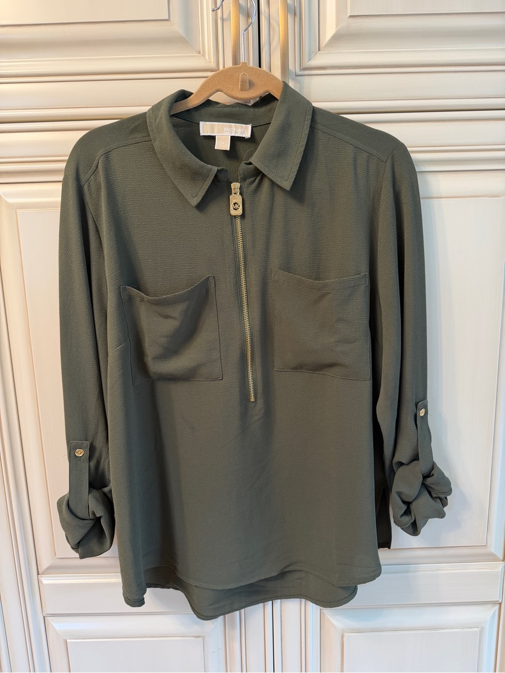 Michael Kors Olive Zip-Front Collared Blouse